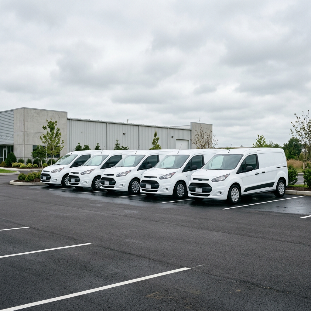 Petite flotte de véhicules utilitaires blancs, propres, garés en ligne